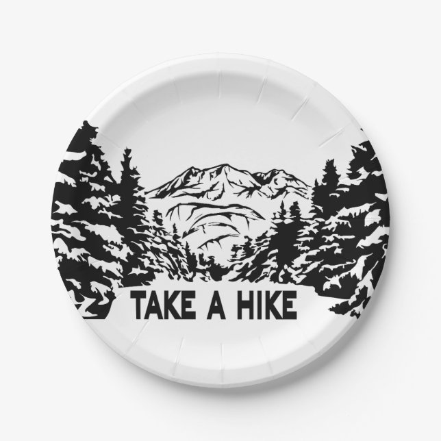 Take a Hike quote monochrome mountain landscape Paper Plate (Front)
