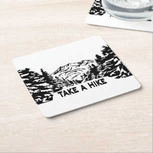 Take a Hike quote monochrome mountain landscape Square Paper Coaster
