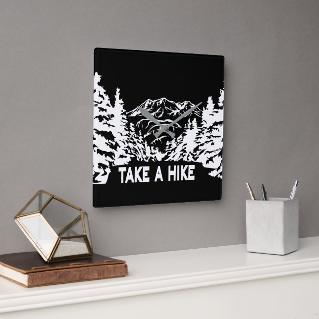 Take a Hike quote monochrome mountain landscape Square Wall Clock (Office)