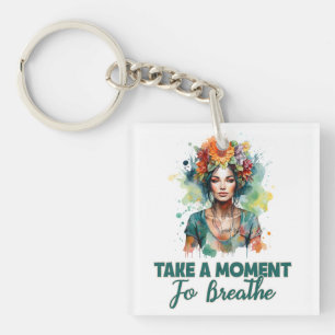 Take a Moment to Breathe Zen Flowers Yoga Girl Key Ring