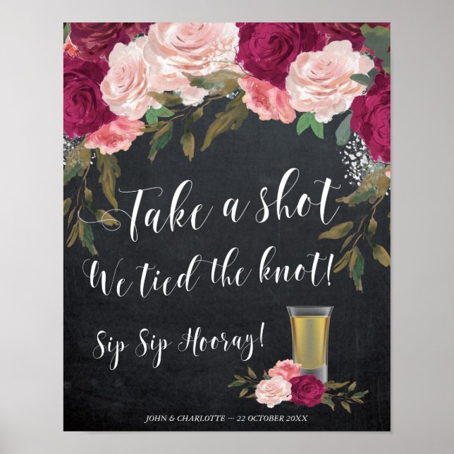 Take a shot we tied the knot wedding sign burgundy (Front)