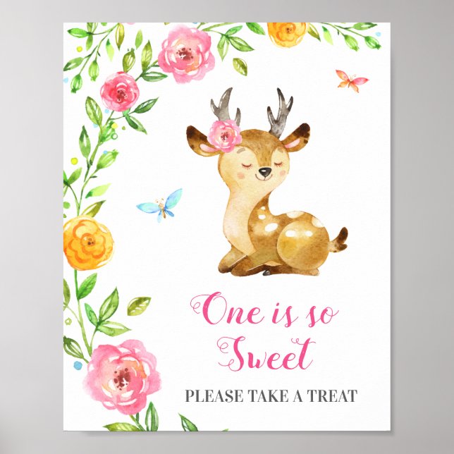 Take a Treat Oh Deer Pink Baby Girl 1st Birthday Poster (Front)