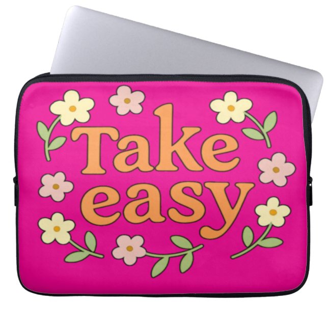 Take Easy: Positive Retro Floral Illustration Laptop Sleeve (Front)