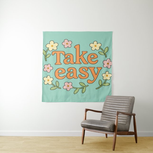 "Take Easy": Positive Retro Floral Illustration Tapestry (In Situ)