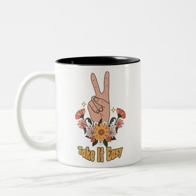 Take It Easy Boho Floral  Two-Tone Coffee Mug (Left)