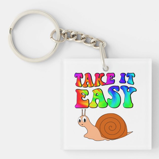 Take It Easy Cute Cartoon Snail With Groovy Text Key Ring (Front)