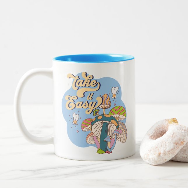 Take It Easy – Retro Psychedelic Mushroom Two-Tone Coffee Mug (With Donut)