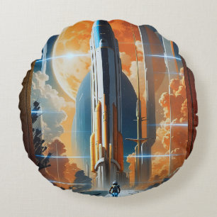 Take Lunar Launch - Journey To Moon Retro Poster Round Cushion