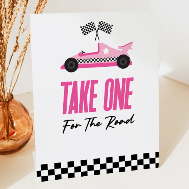 Take One For The Road Pink Race Car Favours Pedestal Sign (Creator Uploaded)