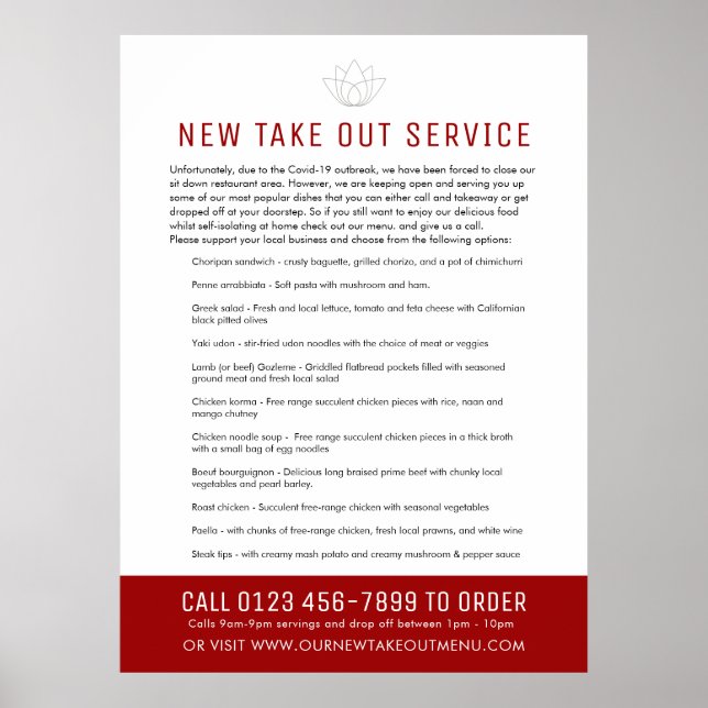 Take out emergency restaurant notice and new menu poster (Front)