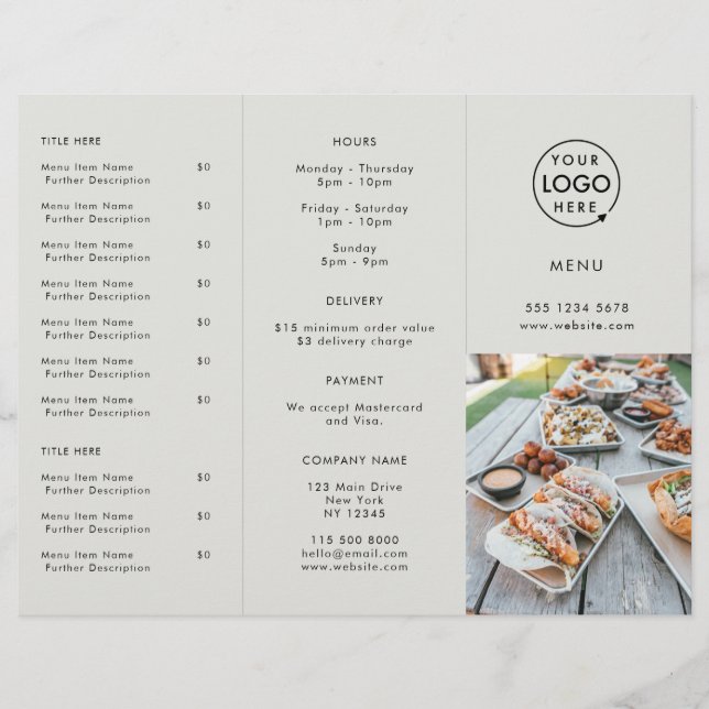 Take out | Restaurant Grey Logo Photo Menu (Front)