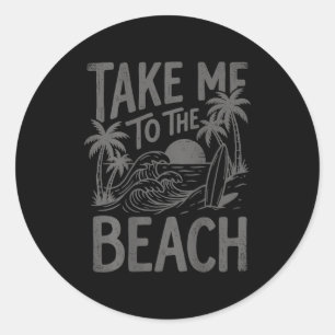 Take to the beach palm tree surf sunset retro classic round sticker