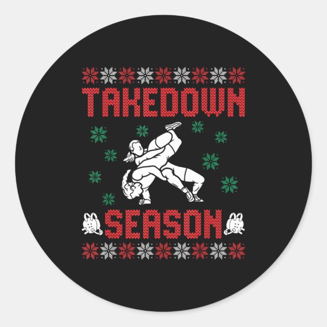 Takedown Season Girls Wrestling Ugly Sweater Chris Classic Round Sticker (Front)