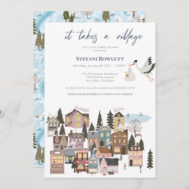 Takes a Village Winter Stork Delivery Baby Shower  Invitation (Front/Back)