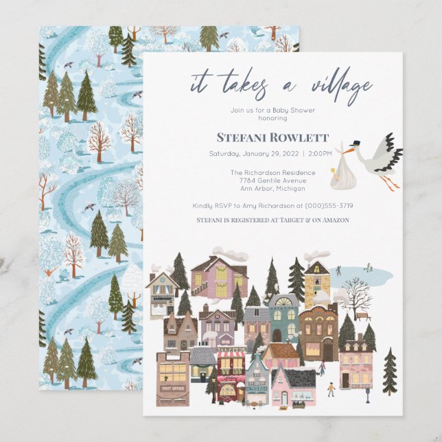 Takes a Village Winter Stork Delivery Baby Shower Invitation (Front/Back)