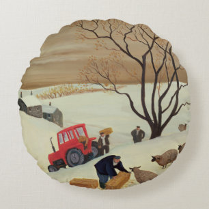 Taking Hay to the Sheep by Tractor Round Cushion