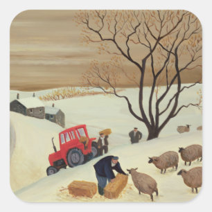 Taking Hay to the Sheep by Tractor Square Sticker