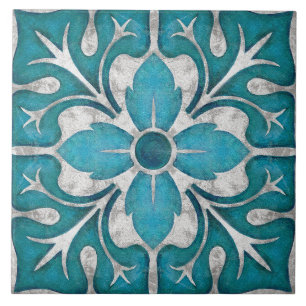 Talavera 01 Teal Blue Grey Mediterranean Floral Ceramic Tile