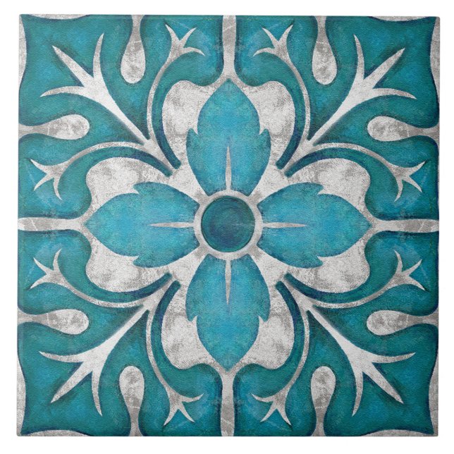 Talavera 01 Teal Blue Grey Mediterranean Floral Ceramic Tile (Front)