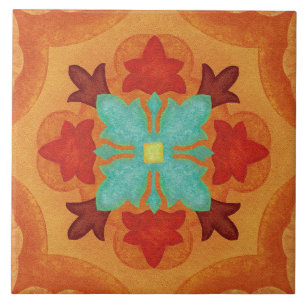 Talavera 02 Orange Red Blue Mediterranean Floral Ceramic Tile