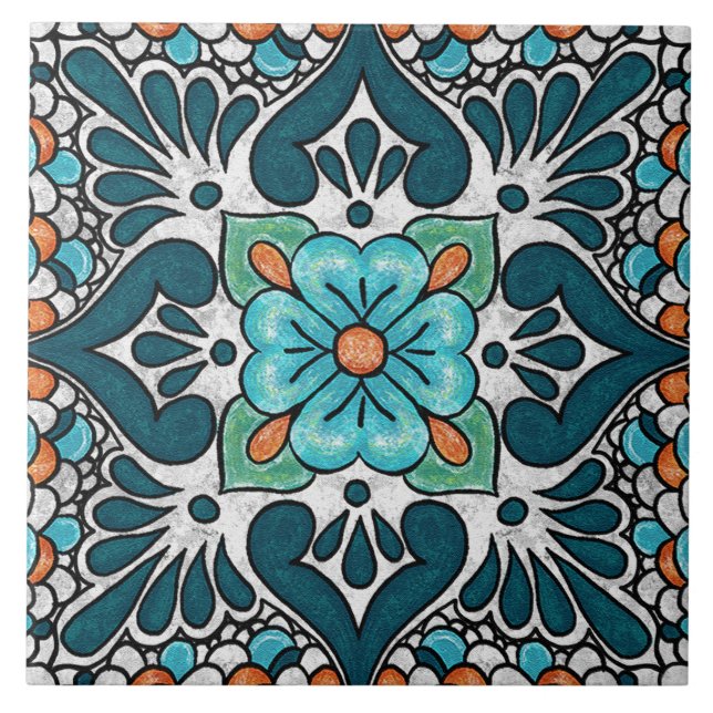 Talavera 06 Teal Blue Green Mediterranean Floral Ceramic Tile (Front)