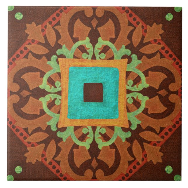 Talavera 08 Rust Blue Brown Mediterranean Geo Ceramic Tile (Front)