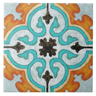 Talavera 09 Orange Grey Aqua Mediterranean Geo Ceramic Tile