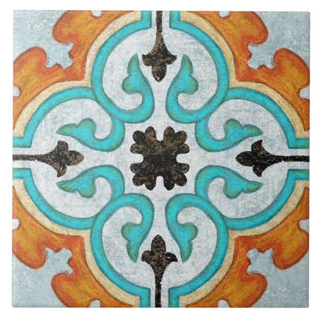Talavera 09 Orange Grey Aqua Mediterranean Geo Ceramic Tile (Front)