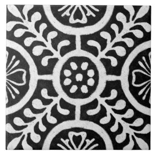 Talavera 11 Black White Grey Mediterranean Floral Ceramic Tile