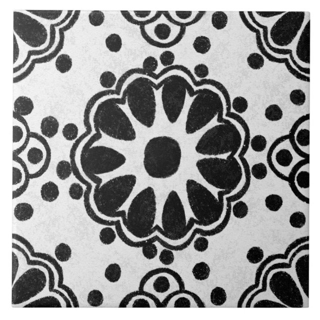 Talavera 12 Black White Grey Mediterranean Floral Ceramic Tile (Front)