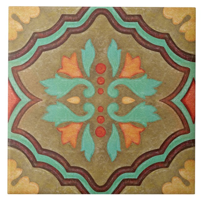 Talavera 13 Olive Green Aqua Mediterranean Floral Ceramic Tile (Front)