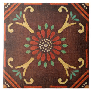 Talavera 14 Brown Red Aqua Mediterranean Floral Ceramic Tile