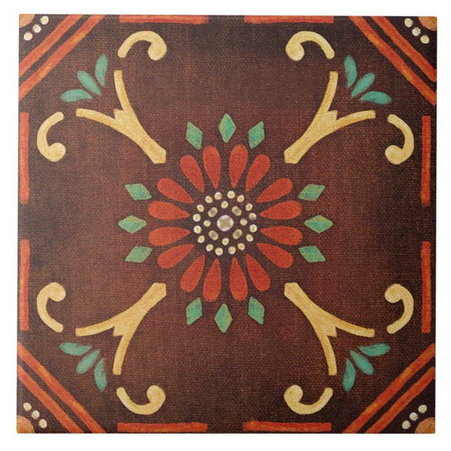 Talavera 14 Brown Red Aqua Mediterranean Floral Ceramic Tile (Front)