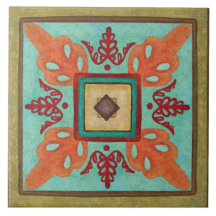 Talavera 15 Olive Aqua Orange Mediterranean Floral Ceramic Tile