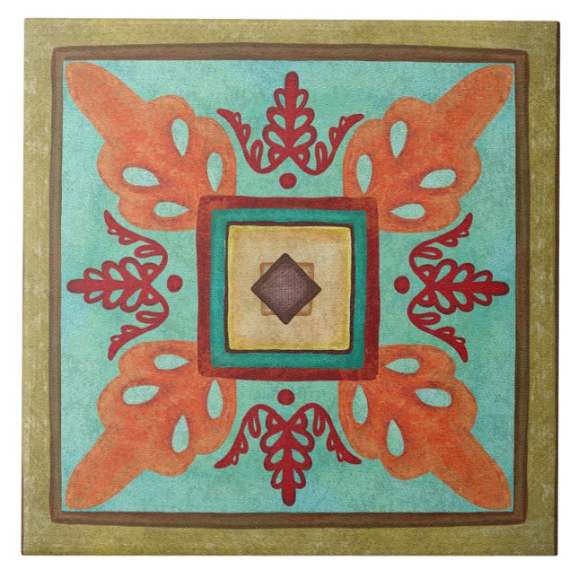 Talavera 15 Olive Aqua Orange Mediterranean Floral Ceramic Tile (Front)