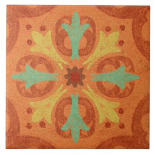 Talavera 16 Orange Rust Aqua Mediterranean Geo Ceramic Tile