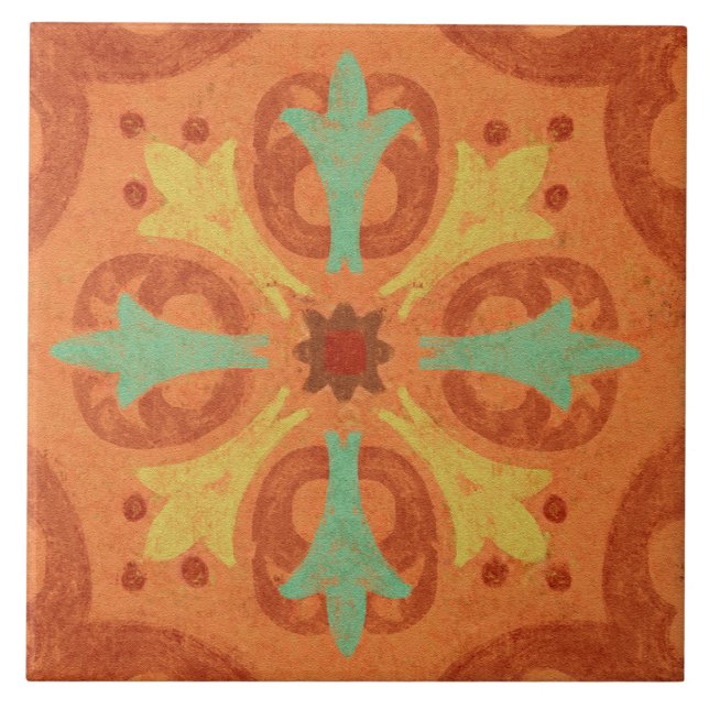 Talavera 16 Orange Rust Aqua Mediterranean Geo Ceramic Tile (Front)