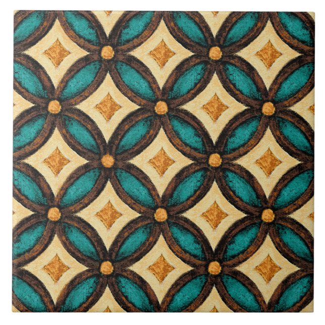 Talavera 18 Teal Brown Ivory Mediterranean Lattice Ceramic Tile (Front)