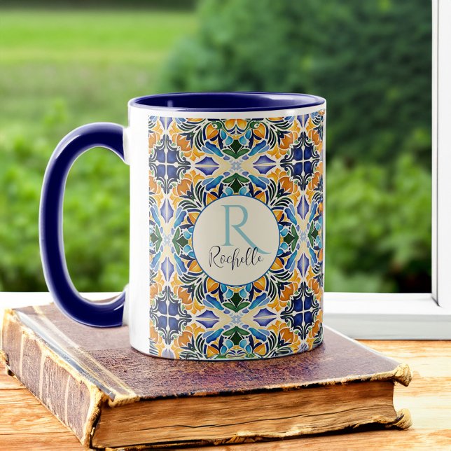 Talavera azulejo blue bridesmaids gifts monogram mug (Vintage Talavera azulejo blue tiles personalized monogrammed coffee mug bridesmaids gifts for her)