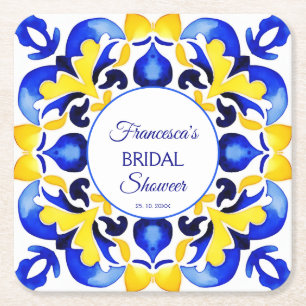 Talavera azulejo blue tiles bridal shower favours square paper coaster
