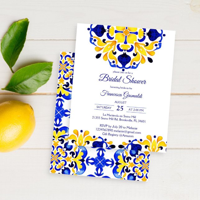 Talavera azulejo blue tiles bridal shower invite (Talavera azulejo Maiolica blue tiles Mediterranean Mexican bridal shower affordable budget invite )