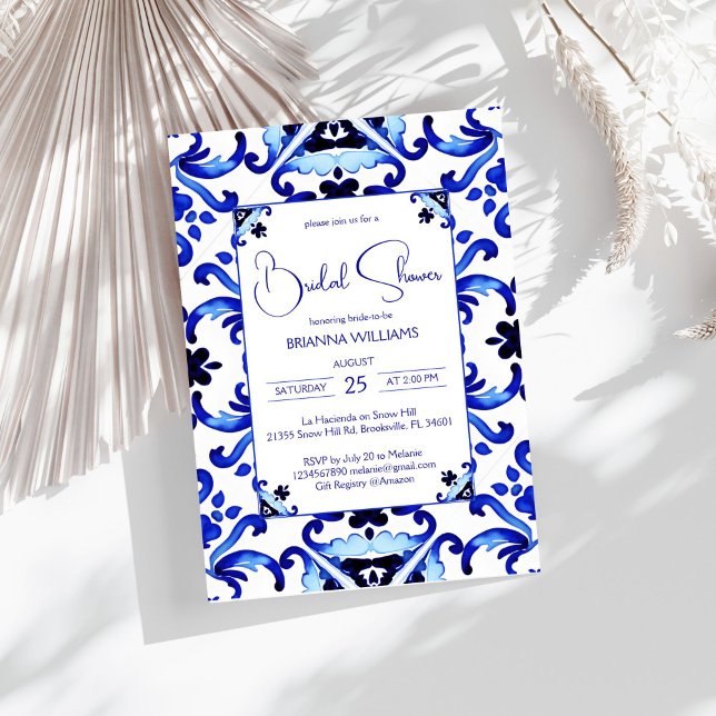 Talavera azulejo blue tiles Mexican bridal shower Invitation (Talavera azulejo blue tiles Mediterranean vintage Mexican bridal shower Invitation template download)