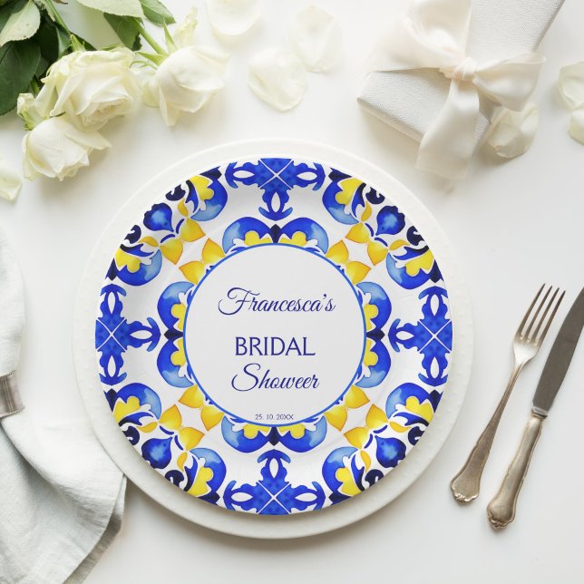 Talavera azulejo blue tiles Mexican bridal shower Paper Plate (Talavera azulejo yellow blue tiles vintage Mexican bridal shower Paper Plates personalized decor)