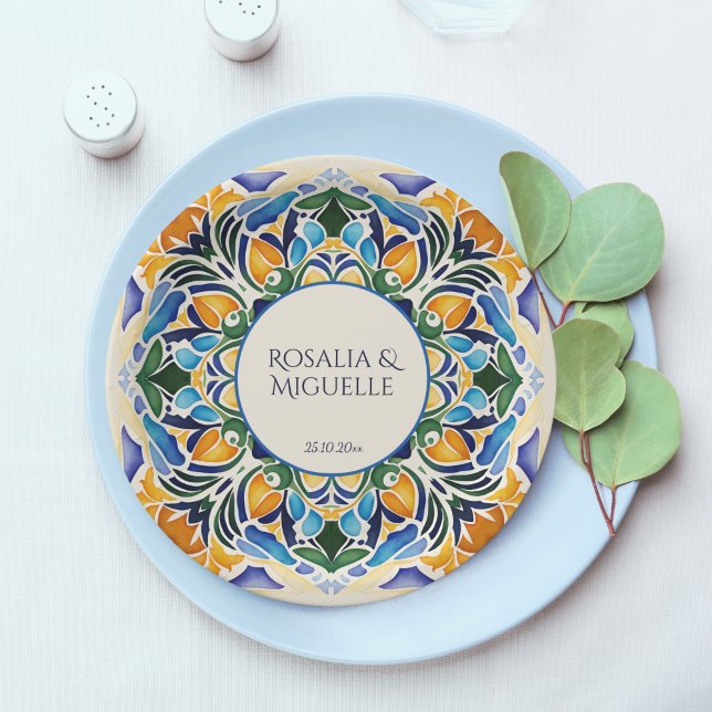 Talavera azulejo blue vintage Mexican monogram Paper Plate (Talavera azulejo blue tiles vintage Mexican wedding personalized table decor monogram Paper Plates)
