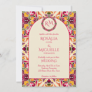 Talavera azulejo pink tile vintage Mexican wedding Invitation