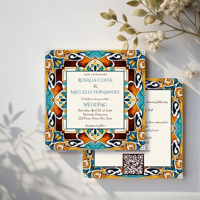 Talavera azulejo tile vintage Mexican wedding Invitation (Talavera azulejo majolica tiles vintage Mexican wedding Invitation with RSVP editable template)