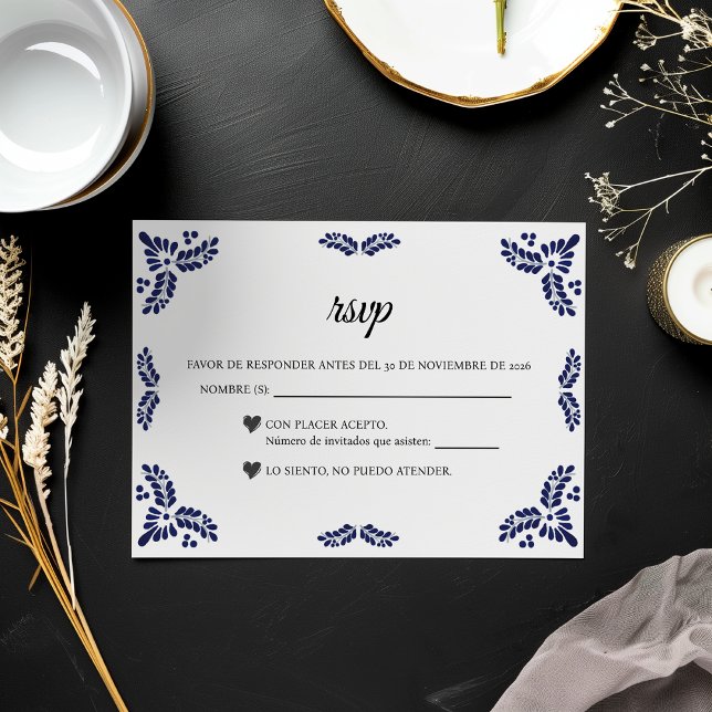 Talavera Black Floral Minimalist Spanish Wedding RSVP Card (Talavera Black Floral Minimalist Spanish Wedding RSVP Card)