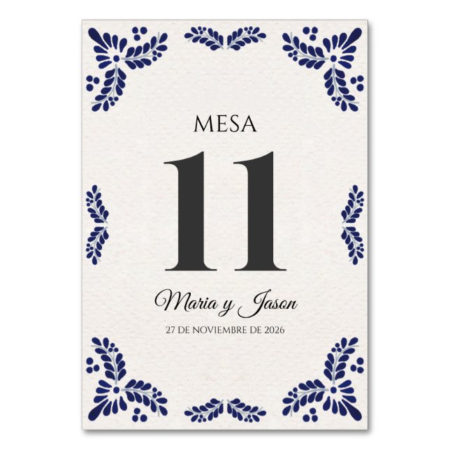 Talavera Black Floral Minimalist Spanish Wedding Table Number (Front)