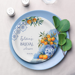 Talavera blue chinoiserie citrus bridal shower paper plate
