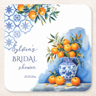 Talavera blue citrus bridal shower favours square paper coaster
